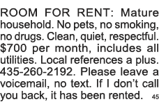 ROOM FOR RENT: Mature household  No pets, no smoking, no drugs  Clean, quiet, respectful   700 per month, includes al   
