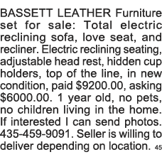 BASSETT LEATHER Furniture set for sale: Total electric reclining sofa, love seat, and recliner  Electric reclining se   
