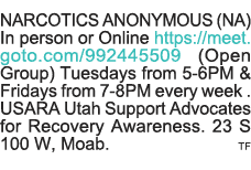 NARCOTICS ANONYMOUS (NA) In person or Online https:  meet goto com 992445509 (Open Group) Tuesdays from 5-6PM & Frida   
