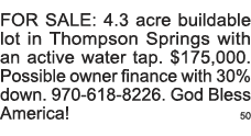 FOR SALE: 4 3 acre buildable lot in Thompson Springs with an active water tap   175,000  Possible owner finance with    