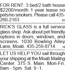 FOR RENT: 3 bed 2 bath house  2200 month 1 year lease no pets no smokers  Please call 435-260-2163 01 RICK S GLASS is   