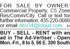 FOR SALE BY OWNER: Commercial Property, C5 Zone Res Comm City  Call or text for further information  435-220-0086 or    