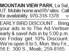 MOUNTAIN VIEW PARK, La Sal, UT  Mobile home and RV sites  Call for availability  970-318-1378 tf EARLY BIRD DISCOUNT    