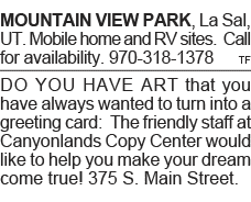 MOUNTAIN VIEW PARK, La Sal, UT  Mobile home and RV sites  Call for availability  970-318-1378 tf Do you have art that   