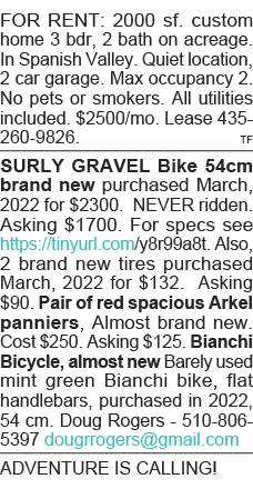 FOR RENT: 2000 sf  custom home 3 bdr, 2 bath on acreage  In Spanish Valley  Quiet location, 2 car garage  Max occupan   