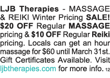 LJB Therapies - MASSAGE & REIKI Winter Pricing SALE   20 OFF Regular MASSAGE pricing &  10 OFF Regular Reiki pricing    