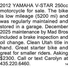 2012 YAMAHA V-STAR 250cc motorcycle for sale  The bike is low mileage (5200 mi) and was regularly maintained and stor   