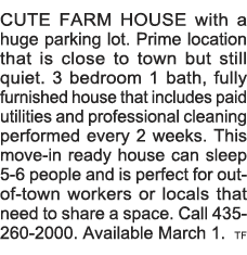 CUTE FARM HOUSE with a huge parking lot  Prime location that is close to town but still quiet  3 bedroom 1 bath, full   