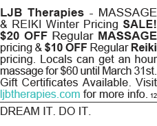 LJB Therapies - MASSAGE & REIKI Winter Pricing SALE   20 OFF Regular MASSAGE pricing &  10 OFF Regular Reiki pricing    