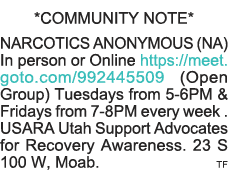 *COMMUNITY NOTE* NARCOTICS ANONYMOUS (NA) In person or Online https:  meet goto com 992445509 (Open Group) Tuesdays f   