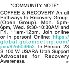 *COMMUNITY NOTE* COFFEE & RECOVERY An all Pathways to Recovery Group  (Open Group)  Mon  5pm-6pm, Wed  9:30-10:30AM a   