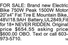 FOR SALE: Brand new Electric Bike 750W Peak 1500W Motor 20 x4  Fat Tire E Mountain Bike, 48V 18 9AH Battery,UL2849,Fi   