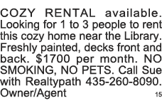COZY RENTAL available  Looking for 1 to 3 people to rent this cozy home near the Library  Freshly painted, decks fron   