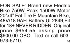 FOR SALE: Brand new Electric Bike 750W Peak 1500W Motor 20 x4  Fat Tire E Mountain Bike, 48V 18 9AH Battery,UL2849,Fi   