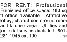 FOR RENT: Professional Furnished office space: 180 sq ft office available  Attractive lobby, shared conference room a   