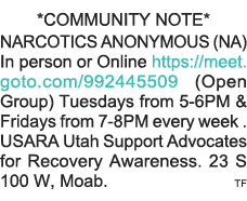 *COMMUNITY NOTE* NARCOTICS ANONYMOUS (NA) In person or Online https:  meet goto com 992445509 (Open Group) Tuesdays f   