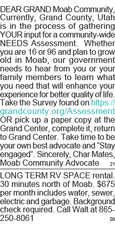 DEAR GRAND Moab Community, Currently, Grand County, Utah is in the process of gathering YOUR input for a community-wi   