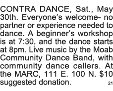 CONTRA DANCE, Sat , May 30th  Everyone s welcome- no partner or experience needed to dance  A beginner s workshop is    