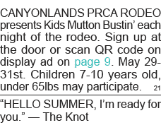 CANYONLANDS PRCA RODEO presents Kids Mutton Bustin  each night of the rodeo  Sign up at the door or scan QR code on d   