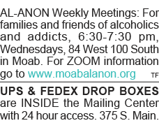 AL-ANON Weekly Meetings: For families and friends of alcoholics and addicts, 6:30-7:30 pm, Wednesdays, 84 West 100 So   