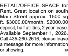 RETAIL OFFICE SPACE for Rent  Great location on south Main Street approx  1500 sq ft Â  3000 00 month,  2000 00 deposi   