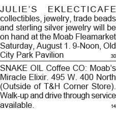 JULIE S EKLECTICAFE collectibles, jewelry, trade beads and sterling silver jewelry will be on hand at the Moab Fleama   