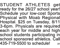 STUDENT ATHLETES get ready for the 26 27 school year  Schedule your low-cost Sports Physical with Moab Regional Hospi   