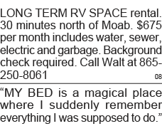 LONG TERM RV SPACE rental  30 minutes north of Moab   675 per month includes water, sewer, electric and garbage  Back   