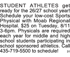 STUDENT ATHLETES get ready for the 26 27 school year  Schedule your low-cost Sports Physical with Moab Regional Hospi   
