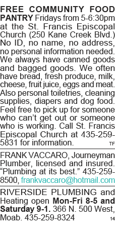 FREE COMMUNITY FOOD PANTRY Fridays from 5-6:30pm at the St  Francis Episcopal Church (250 Kane Creek Blvd ) No ID, no   