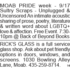 MOAB PRIDE week - 9 17 Sultry Scraps - Unplugged & Uncensored An intimate acoustic sharing of prose, poetry, literatu   