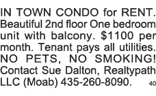 IN TOWN CONDO for RENT  Beautiful 2nd floor One bedroom unit with balcony   1100 per month  Tenant pays all utilities   