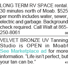 LONG TERM RV SPACE rental  30 minutes north of Moab   525 per month includes water, sewer, electric and garbage  Back   